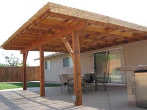 Cedar frame patio cover with bamboo shade screen