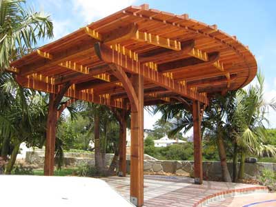 Curved wooden patio shade cover